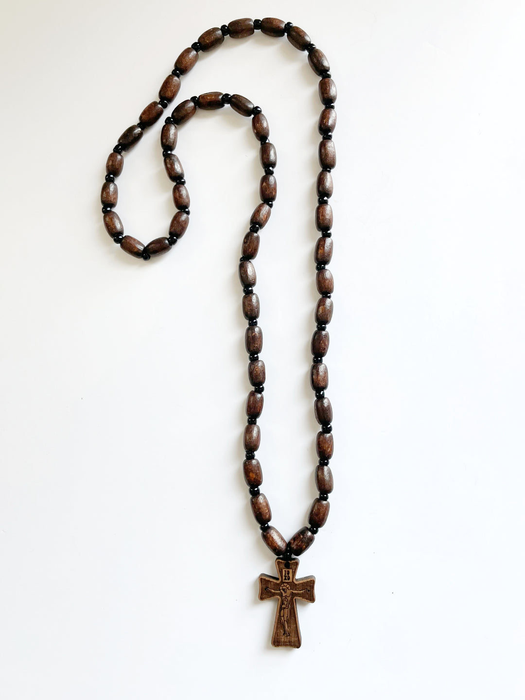 Pendant Necklace with Walnut Wood Beads and Walnut Wood Cross