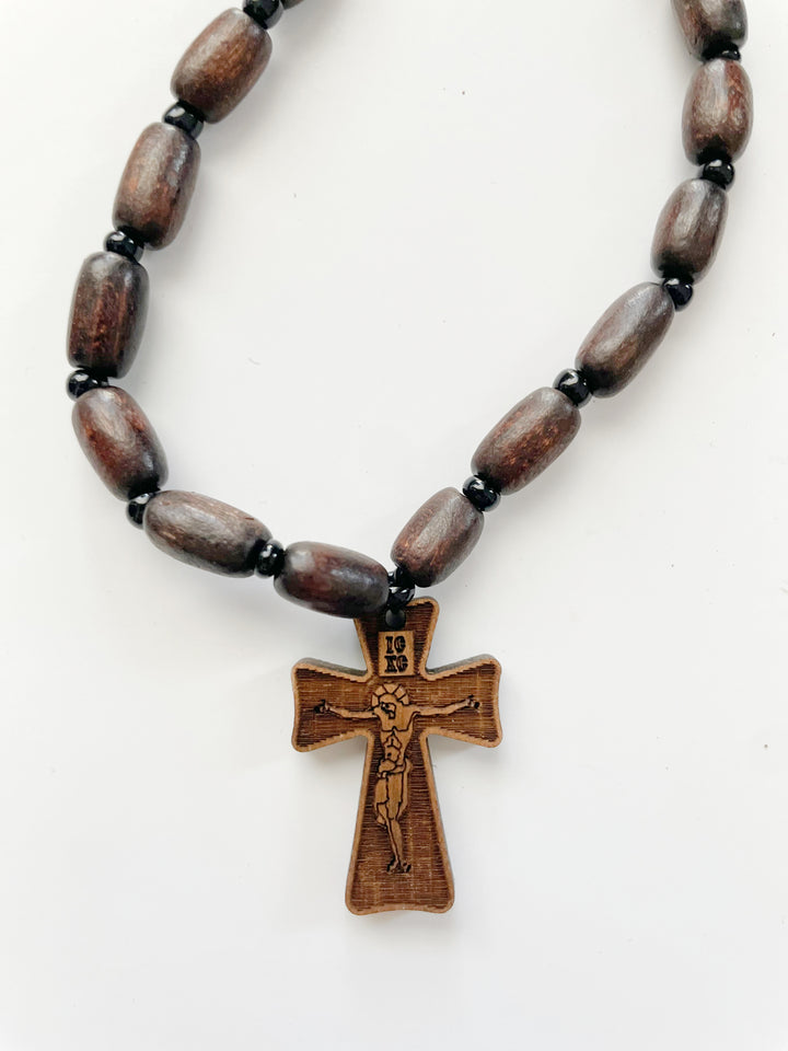 Pendant Necklace with Walnut Wood Beads and Walnut Wood Cross