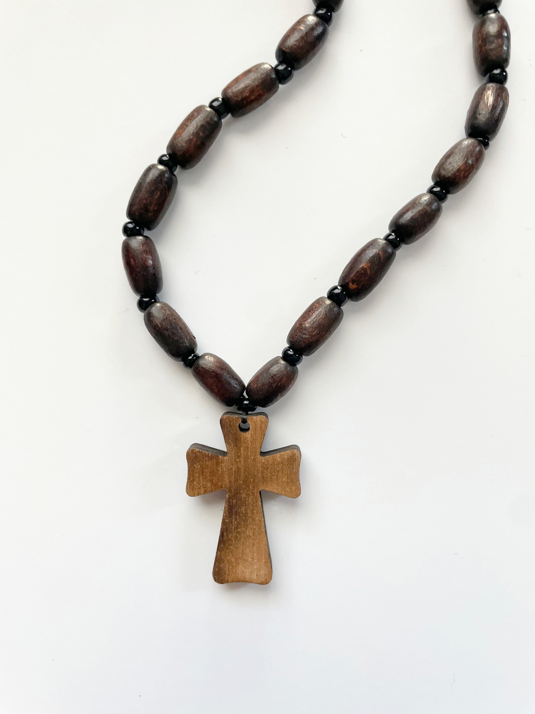 Pendant Necklace with Walnut Wood Beads and Walnut Wood Cross