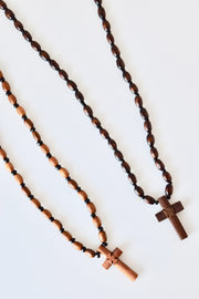 Pendant Necklace with Walnut Wood Beads and Walnut Wood Cross