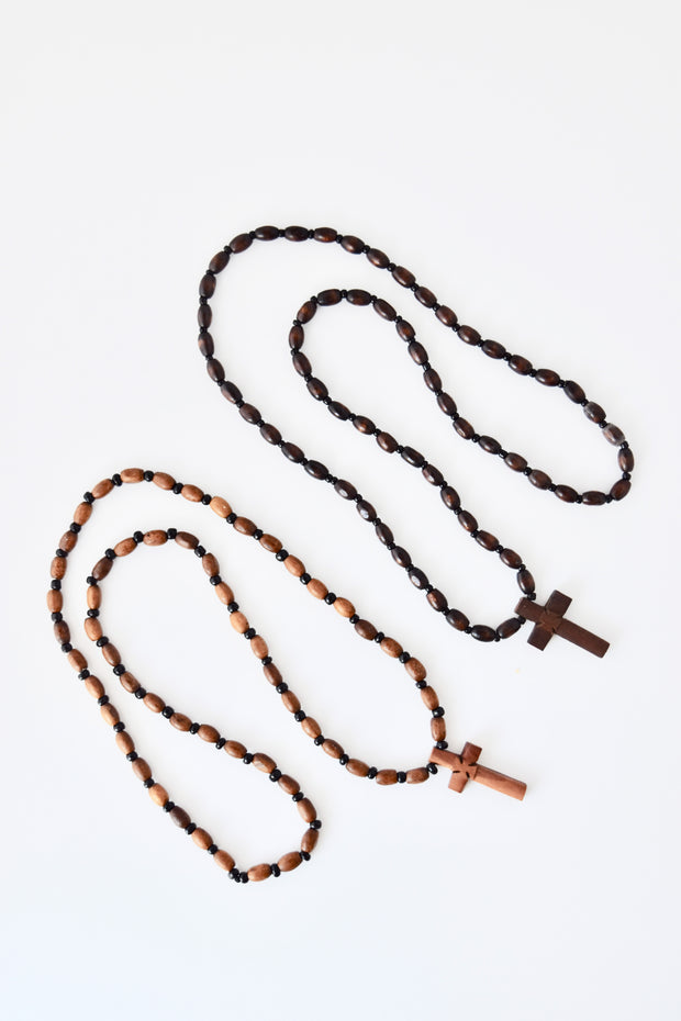 Pendant Necklace with Walnut Wood Beads and Walnut Wood Cross