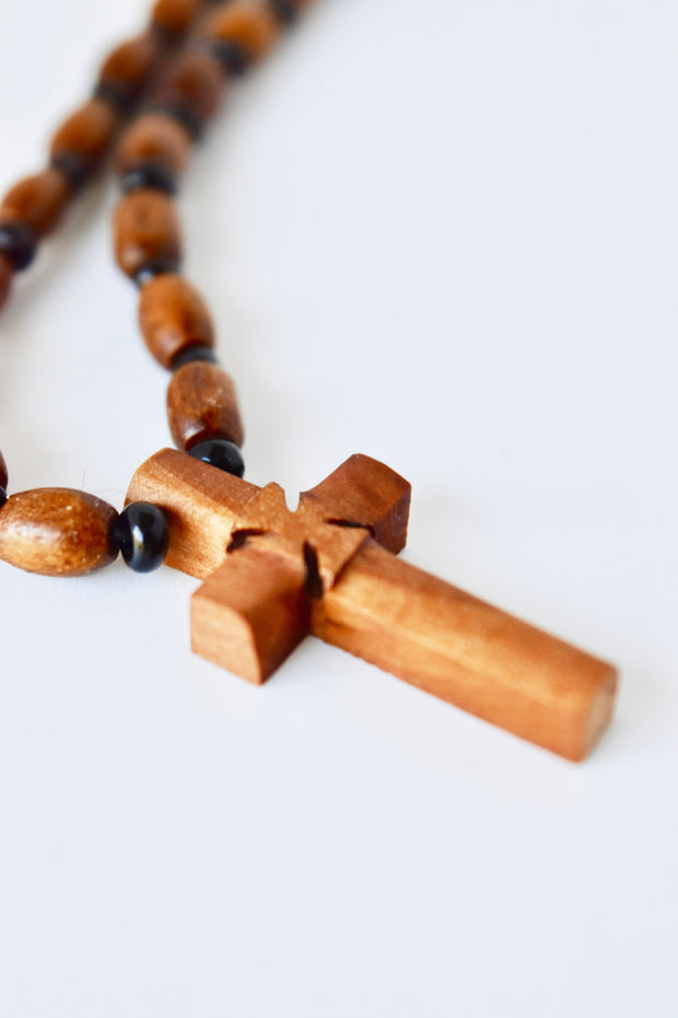 Pendant Necklace with Walnut Wood Beads and Walnut Wood Cross