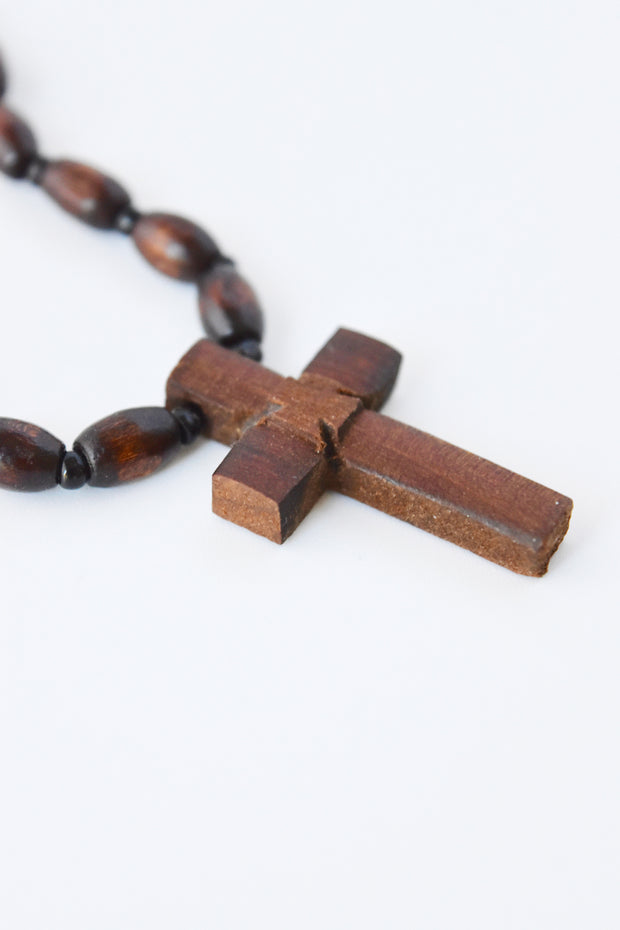 Pendant Necklace with Walnut Wood Beads and Walnut Wood Cross